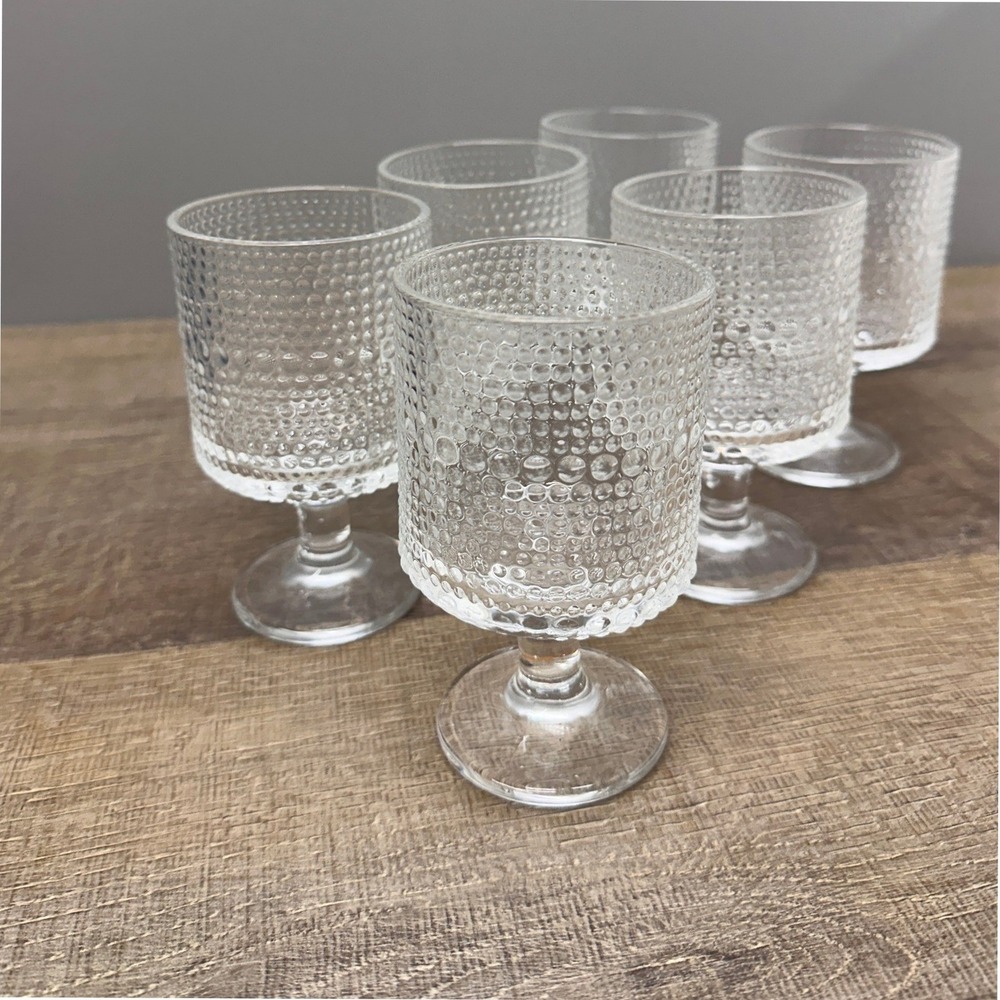 Clear Hobnail Goblets Set Of 6 Footed Glasses 5.25" Bubble Dot Textured Barware